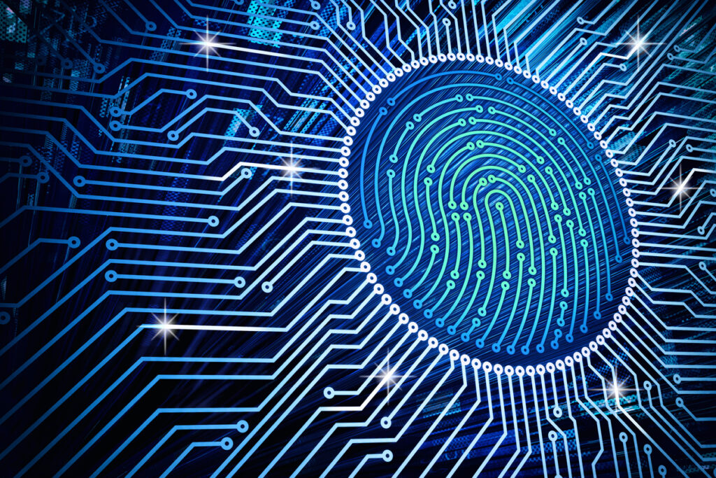 Circuit imprimé (PCB) autour de l'icône de l'empreinte digitale sur fond bleu